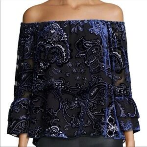 Parker Pyper Burnout Velvet Silk Off Shoulder Paisley Top Small Bell Sleeve